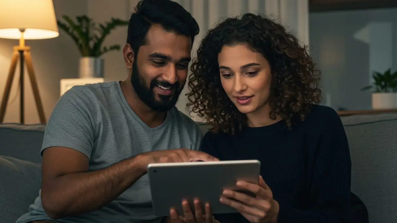 A smiling couple, a man and a woman, are engrossed in looking at content on a tablet together in a dimly lit room.