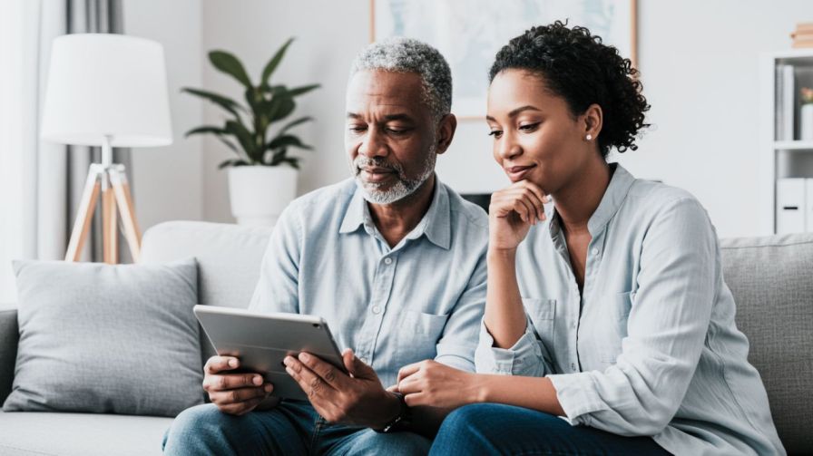 A mature Black man and a younger Black woman sitting on a sofa, looking intently at a tablet held by the man.