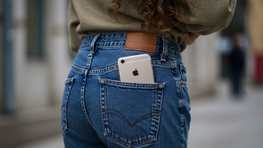 A silver iPhone is tucked into the back pocket of a person wearing blue jeans.