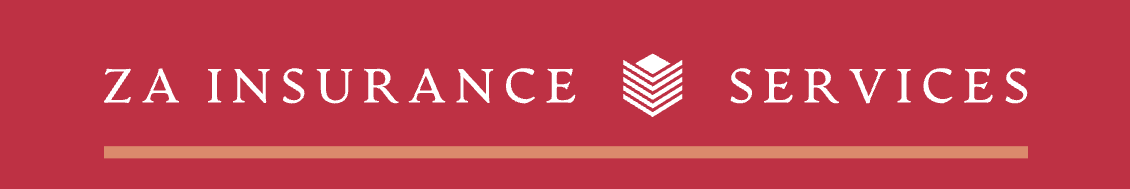 ZA Insurance Services logo with a stylized, layered geometric icon in white on a red background.