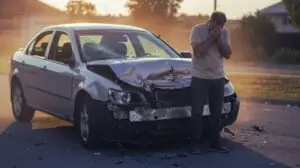 A distraught man stands next to his heavily damaged silver car after a front-end collision.