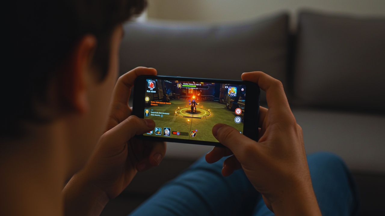 A person holds a smartphone horizontally, actively playing a mobile video game.