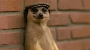 A meerkat wearing a flat cap and holding a toothpick in its mouth leans against a brick wall, smirking.