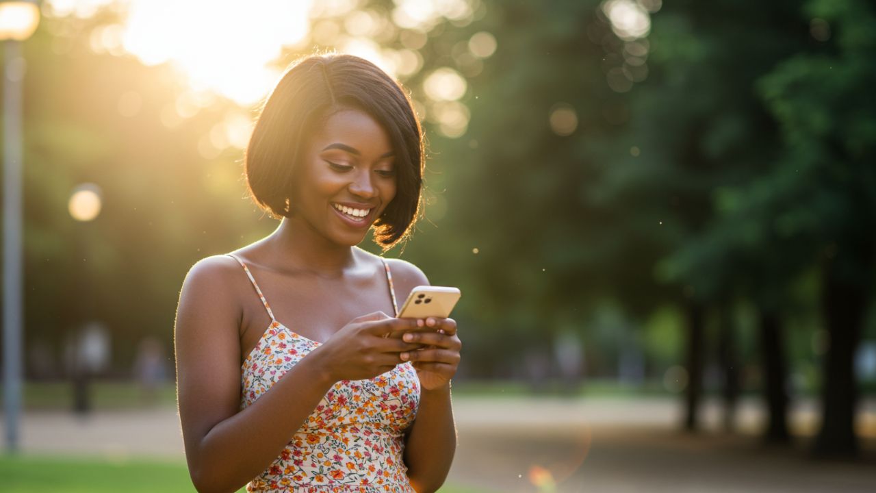 A beautiful young Black woman with a radiant smile is engrossed in her smartphone outdoors, bathed in golden hour sunlight.