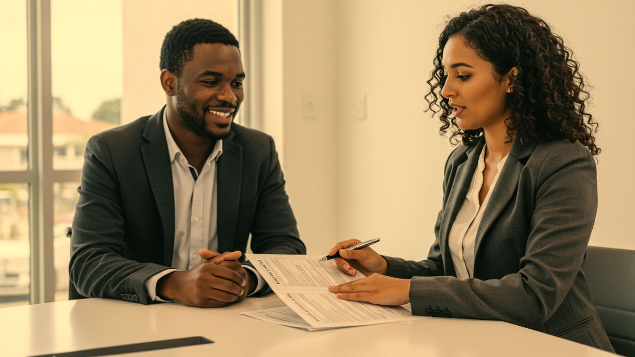 A smiling Black man listens attentively as a professional woman explains details on a document to him across a table.
