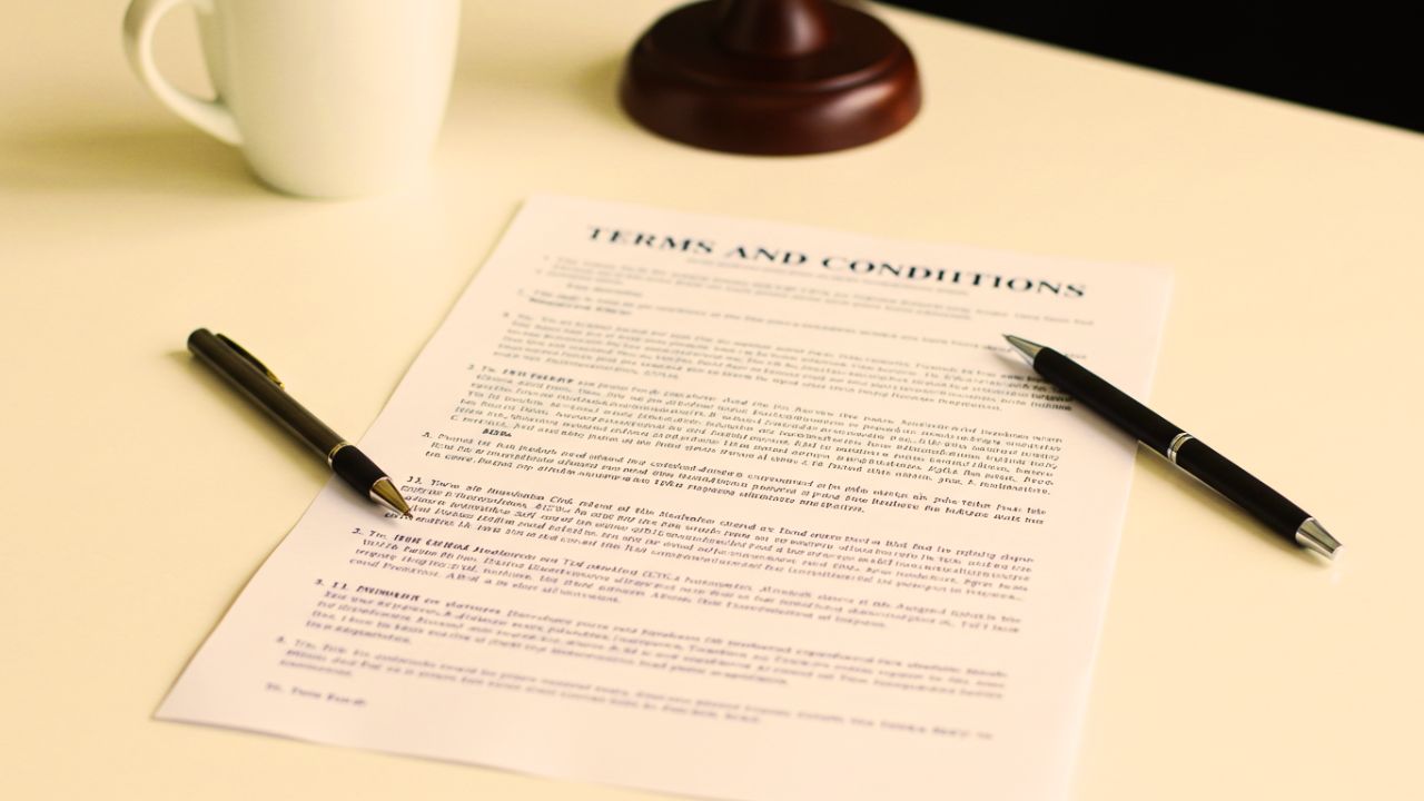 A "Terms and Conditions" document on a table with two pens and a coffee mug.