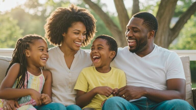 A happy South African family of four, with a mother, father, son, and daughter, laughing together outdoors.