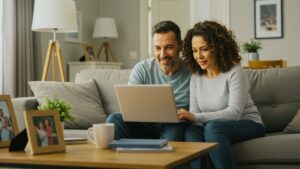 A smiling couple sits on a living room sofa looking at Discovery Health plans.