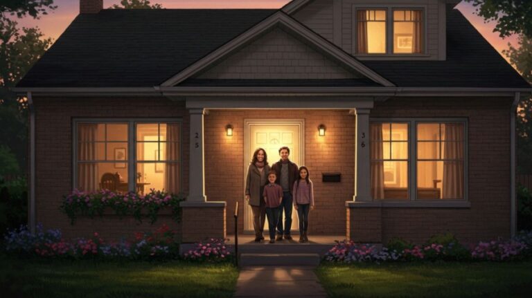 A family of four (parents and two children) stands smiling on the front porch of a well-lit, secure brick home at dusk. The image represents the peace of mind that comes with protecting your sanctuary and family.